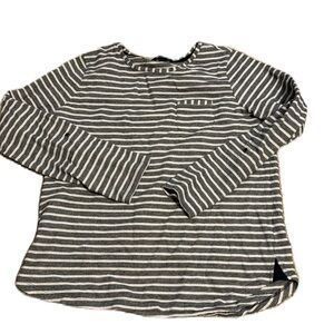 Lands' End Striped Navy Top Roll Tab Sleeves Pocket 100% Cotton Women's M EUC